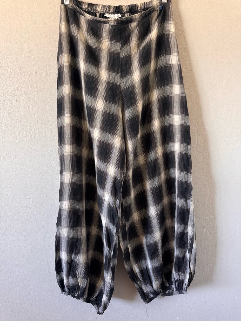 Bryn Walker 100% Linen Lantern Pants Black & Gray Plaid Medium Lagenlook